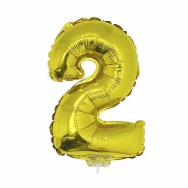 Gouden opblaas cijfer ballon 2 op stokje 41 cm