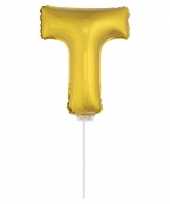 Gouden opblaas letter ballon t op stokje 41 cm