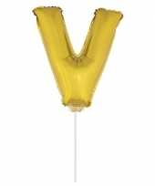 Gouden opblaas letter ballon v op stokje 41 cm