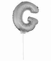 Zilveren opblaas letter ballon g op stokje 41 cm